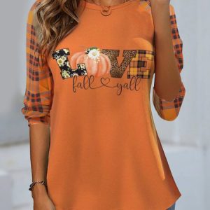 Women's Long Sleeve Tee T-shirt Spring/Fall Plaid Jersey Crew Neck Daily Going Out Casual Top, JustFashionNow T-Shirts, color:Orange|size:XXL,