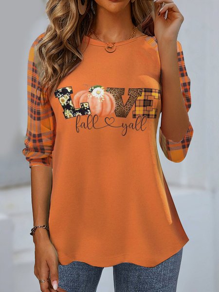 Women's Long Sleeve Tee T-shirt Spring/Fall Plaid Jersey Crew Neck Daily Going Out Casual Top, JustFashionNow T-Shirts, color:Orange|size:XXL,