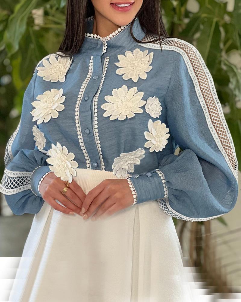 Floral Pattern Contrast Lace Buttoned Top, T-shirt & Tees, ChicMe catalog