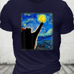 Cotton Van Gogh Starry Night Cat Casual Cat Loose T-Shirt, T-shirts, Lilicloth.com