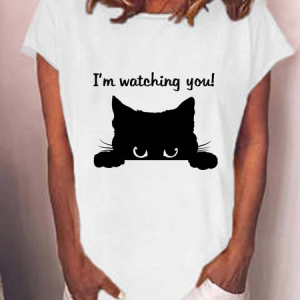 Women Cat Letter Printing Casual Cotton-Blend Cat T-Shirt, T-shirts, Lilicloth.com