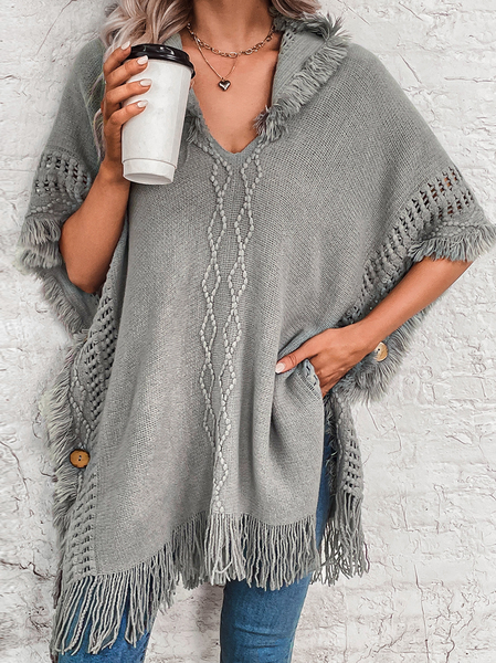 Women's Autumn Outerwear Elegant Beaded Plain Hoodie Wool/Knitting Cape Coat, JustFashionNow Coats, color:Gray|size:L,