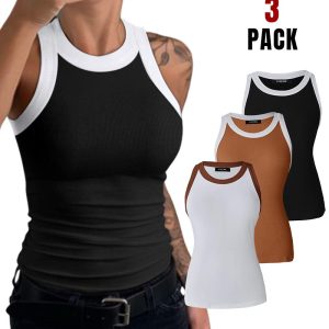 3-Pack Contrast Binding Basic Slim Knit Ribbed Racerback Tank Top, Tanks & Crop Tops, ChicMe catalog