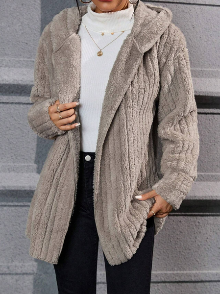 Women's Winter Outerwear Fluff/Granular Fleece Fabric Casual Plain Long Sleeve Hoodie Fleece Coat, JustFashionNow Coats, color:Khaki|size:XL,