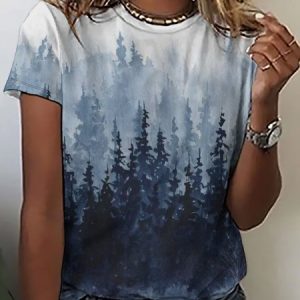 Indigo Forest Print Short Sleeve T-Shirt, T-shirts, Lilicloth.com
