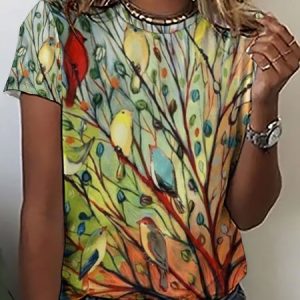 Cute Bird Art Print Short Sleeve T-Shirt, T-shirts, Lilicloth.com