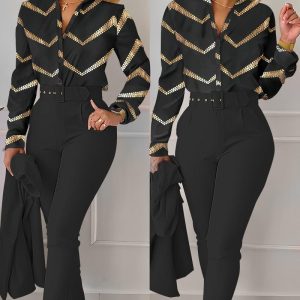 Bronzing Chevron Print Top & Pocket Design Pants Set, Two-piece Sets, ChicMe catalog