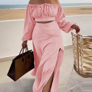 Ruched Lantern Sleeve Top & Slit Skirt Set, Two-piece Sets, ChicMe catalog