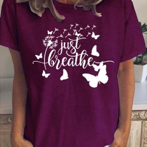 Just Breathe Letter Short Sleeve Tops, T-shirts, Lilicloth.com