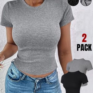ChicMe ContourX 2-Pack Crewneck Short Sleeve Skinny Ribbed T-Shirt, women T-shirt & Tees, ChicMe catalog