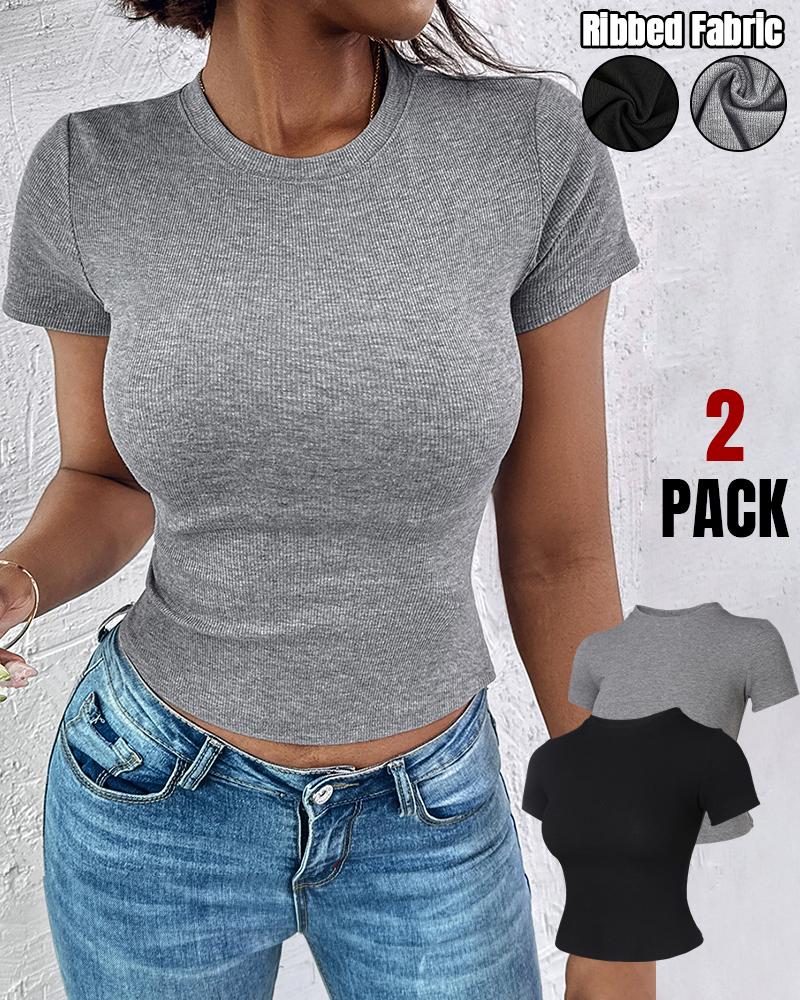 2-Pack Crewneck Short Sleeve Skinny Ribbed T-Shirt, T-shirt & Tees, ChicMe catalog