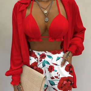 3PCS Lantern Sleeve Shirt & Floral Print Shorts Set With Crop Top, women Two-piece Sets, ChicMe catalog
