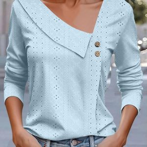 Women's Long Sleeve Tee T-shirt Spring/Fall Plain Buckle Lace Asymmetrical Daily Going Out Casual Top White, JustFashionNow Long sleeve tops, color:Sky Blue|size:XXL,
