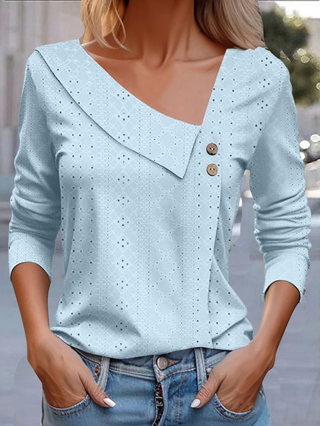 Women's Long Sleeve Tee T-shirt Spring/Fall Plain Buckle Lace Asymmetrical Daily Going Out Casual Top White, JustFashionNow Long sleeve tops, color:Sky Blue|size:XXL,