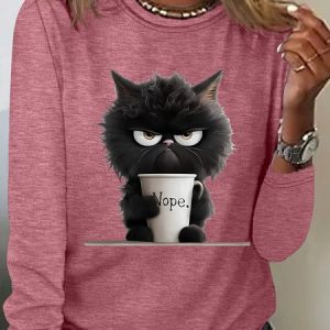 Funny Cat Nope Casual Long Sleeve Shirt, Long sleeves, Lilicloth.com