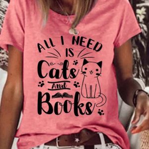 Women’s All I Need Is Cats And Books Loose Crew Neck Casual T-Shirt, T-shirts, Lilicloth.com