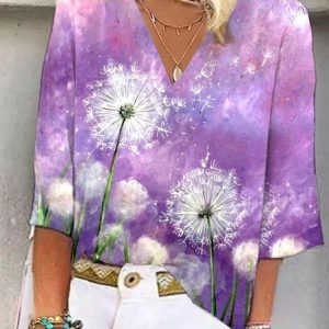 Women's Three Quarter Sleeve Tee T-shirt Spring/Fall Dandelion Printing V Neck Daily Going Out Vintage Top, JustFashionNow Tops, color:Purple|size:XXL,