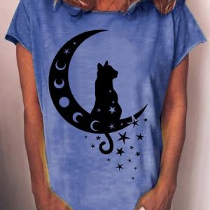 Womens Cat and Moon Casual Crew Neck T-Shirt, T-shirts, Lilicloth.com