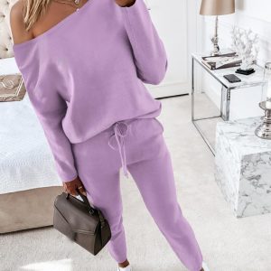 2PCS Solid Skew Neck Long Sleeve Top & Stretchy Waist Pants Set, Two-piece Sets, ChicMe catalog