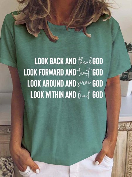 Look Back And Thank God Letter Casual Short Sleeve T-shirt, T-shirts, Lilicloth.com