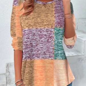 Women's Long Sleeve Tee T-shirt Spring/Fall Plaid Printing Jersey Crew Neck Daily Going Out Vintage Top, JustFashionNow T-Shirts, color:Khaki|size:XXL,