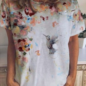 Casual Abstract Bird Print Crew Neck Short Sleeve T-Shirt, T-shirts, Lilicloth.com