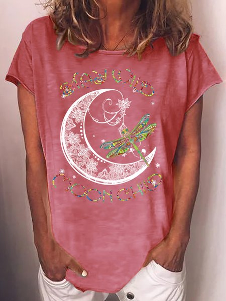 Womens Stay Wild Moonchild Dragonfly Letters Casual T-Shirt, T-shirts, Lilicloth.com