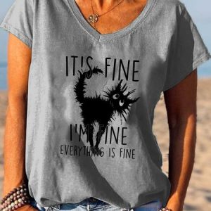 It's Fine I'm Fine Everthing Is Fine Cat Print T-shirt, T-shirts, Lilicloth.com