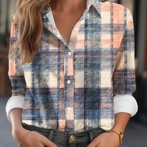 Shirt Collar Long Sleeve Plaid Printing Regular Loose Shirt For Women, Shirts, color:Orange|size:XXL, catalog Noracora shop
