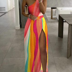 Colorblock One Shoulder High Slit Maxi Dress, women Maxi Dresses, ChicMe catalog