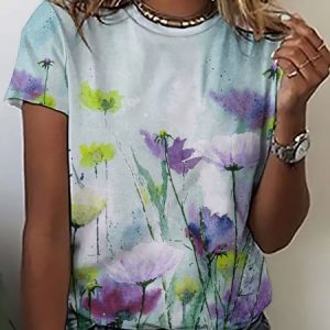 Women Large Format Flowers Pattern Loose Crew Neck Cotton-Blend T-Shirt, T-shirts, Lilicloth.com