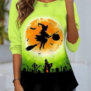 Women's Long Sleeve Tee T-shirt Spring/Fall Halloween Jersey Crew Neck Daily Going Out Casual Top, JustFashionNow T-Shirts, color:Green|size:XXL,