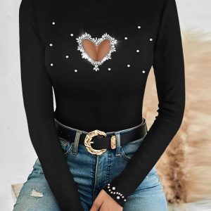 Hollow Heart Beaded Long Sleeve Top, women T-shirt & Tees, ChicMe catalog