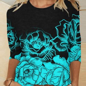 Women's Long Sleeve Tee T-shirt Spring/Fall Floral Printing Jersey Crew Neck Daily Going Out Vintage Top, JustFashionNow Tops, color:Green|size:XXL,
