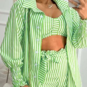Striped Crop Top & Tied Detail Shorts Set With Frill Hem Gigot Sleeve Coat, Two-piece Sets, ChicMe catalog