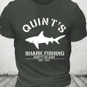 Quint's Shark Fishing Jaws Print Cotton T-Shirt, T-shirts, Lilicloth.com