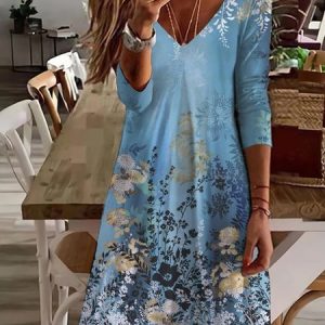 Women's Long Sleeve Summer Floral Jersey Dress V Neck Daily Going Out Casual Midi A-Line TUNIC, JustFashionNow Dresses, color:Blue|size:XXL,
