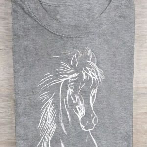 Crew Neck Cotton Horse Casual T-Shirt, T-shirts, Lilicloth.com