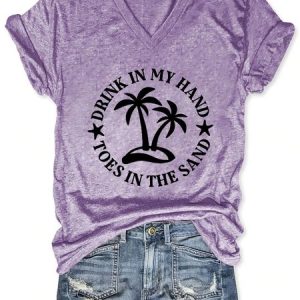 Drink In My Hand Toes In The Sand Letter Casual Cotton Blends Short Sleeve T-Shirt, T-shirts, Lilicloth.com