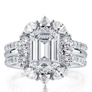 3pc wedding sets rings - Halo Double Prong Emerald Cut 3PC Wedding Set For Women, Italo jewelry - Online Catalog