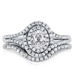 Bridal sets rings - Double Halo Split Shank Oval Cut Guard Bridal Set Ring, Italo jewelry - Online Catalog