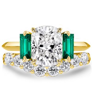 bridal sets - Italo Three Stone Cushion Cut White & Emerald Bridal Set, Italo jewelry - Online Catalog