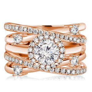 3pc wedding sets - Rose Gold Halo Round Cut Engagement Rings Sets For Women, Italo jewelry - Online Catalog