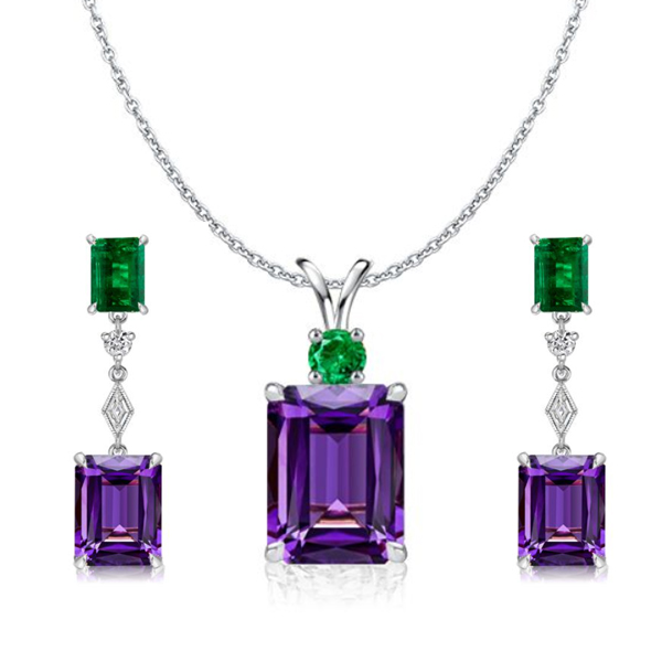 jewelry sets - Italo Emerald Cut Amethyst Necklace & Drop Earrings Jewelry Set, Italo jewelry - Online Catalog