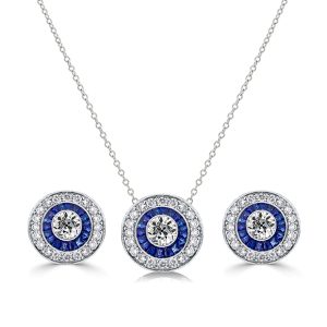 jewelry sets - Italo Blue Sapphire Vintage Halo Necklace & Earrings Jewelry Set, Italo jewelry - Online Catalog