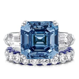 Bridal sets rings - Three Stone Asscher Cut White & Blue Sapphire Bridal Set, Italo jewelry - Online Catalog
