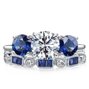 Bridal sets rings - Three Stone Round Cut White & Blue Sapphire Birdal Set, Italo jewelry - Online Catalog