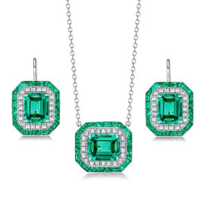 Jewelry sets - Halo Emerald Sapphire Pendant Necklace & Drop Earrings Set, Apparel & Accessories, Italo jewelry - Online Catalog