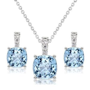 jewelry sets - Italo Aquamarine Sapphire Cushion Cut Necklace & Earrings Jewelry Set, Italo jewelry - Online Catalog