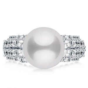 unique engagement rings - Cutaway Design Four Row Pearl with Round Cut Engagement Ring, Italo jewelry - Online Catalog